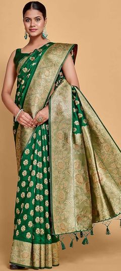 Green color Saree in Kanjeevaram Silk, Silk fabric with Weaving, Zari work