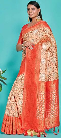 Orange color Saree in Kanjeevaram Silk, Silk fabric with Weaving, Zari work