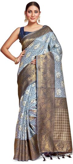 Black and Grey color Saree in Kanjeevaram Silk, Silk fabric with Weaving, Zari work