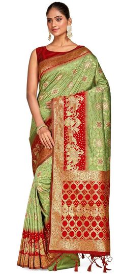 Green color Saree in Patola Silk, Silk fabric with Weaving, Zari work