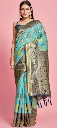 Blue color Saree in Kanjeevaram Silk, Silk fabric with Weaving, Zari work