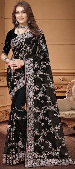 Black and Grey color Saree in Georgette fabric with Embroidered, Resham, Thread work