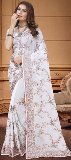 White and Off White color Saree in Georgette fabric with Embroidered, Resham, Thread work