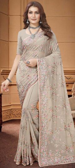 Beige and Brown color Saree in Georgette fabric with Embroidered, Resham, Thread work