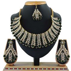 Gold Rodium Polish Green color Necklace in Metal Alloy studded with CZ Diamond