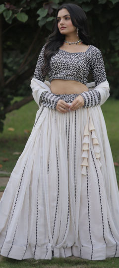 White and Off White color Long Lehenga Choli in Faux Georgette fabric with Sequence, Thread work