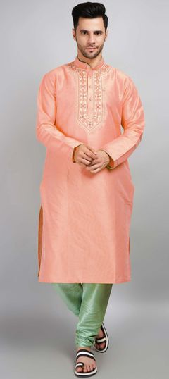 Pink and Majenta color Kurta Pyjamas in Dupion Silk fabric with Embroidered, Thread work