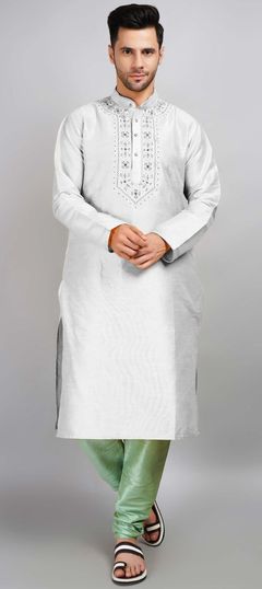 Black and Grey color Kurta Pyjamas in Dupion Silk fabric with Embroidered, Thread work