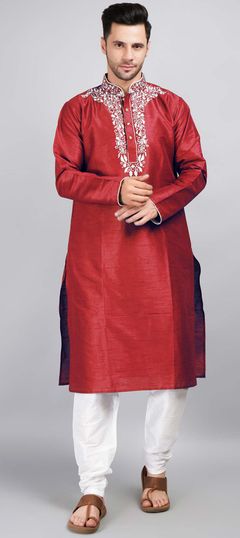 Red and Maroon color Kurta Pyjamas in Dupion Silk fabric with Embroidered, Thread work