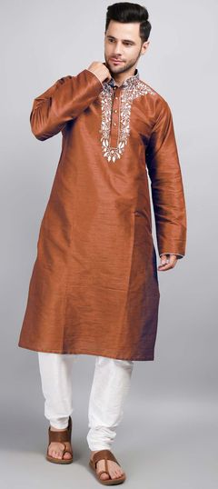 Beige and Brown color Kurta Pyjamas in Dupion Silk fabric with Embroidered, Thread work