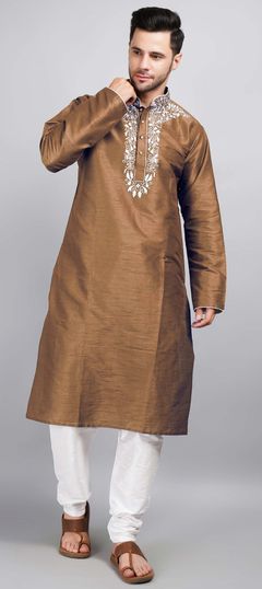 Beige and Brown color Kurta Pyjamas in Dupion Silk fabric with Embroidered, Thread work