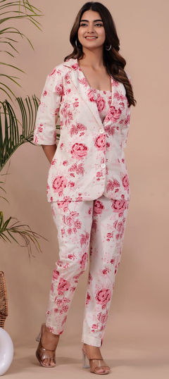 Casual, Summer White and Off White color Co-ords Set in Cotton fabric with Floral, Printed work : 1905495