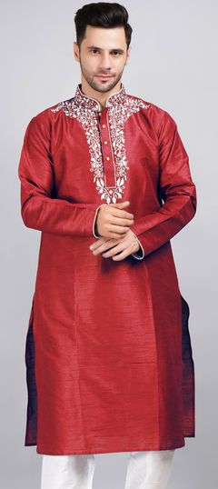 Party Wear Red and Maroon color Kurta in Dupion Silk fabric with Embroidered, Thread work : 1905513