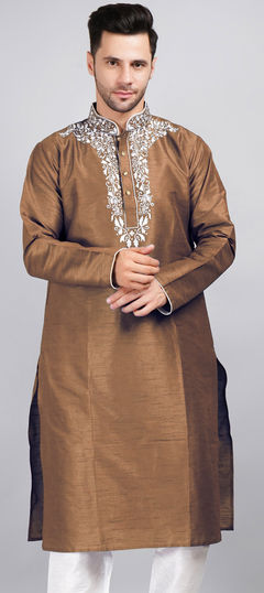 Party Wear Beige and Brown color Kurta in Dupion Silk fabric with Embroidered, Thread work : 1905517