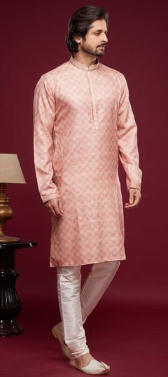 Pink and Majenta color Kurta Pyjamas in Art Silk fabric with Digital Print, Thread work