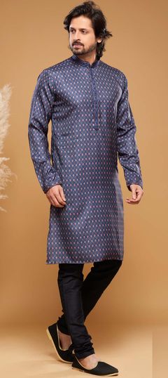 Blue color Kurta Pyjamas in Art Silk fabric with Digital Print, Thread work