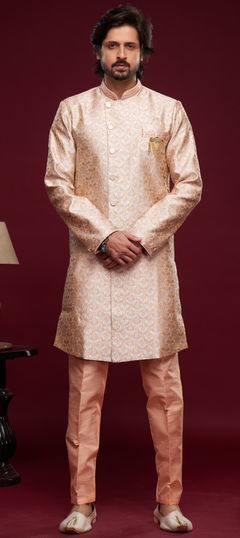 Pink and Majenta color IndoWestern Dress in Jacquard fabric with Broches, Embroidered, Thread work