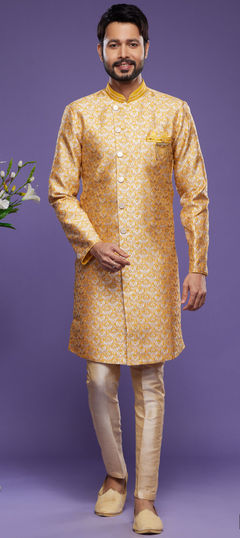 Yellow color IndoWestern Dress in Jacquard fabric with Broches, Embroidered, Thread work