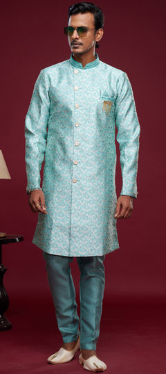 Blue color IndoWestern Dress in Jacquard fabric with Broches, Embroidered, Thread work