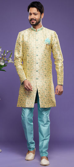 Blue, Gold color IndoWestern Dress in Jacquard fabric with Broches, Embroidered, Thread work