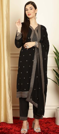 Black and Grey color Salwar Kameez in Georgette fabric with Embroidered, Resham, Sequence, Thread work