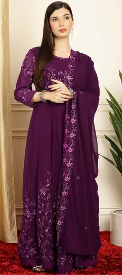 Purple and Violet color Salwar Kameez in Georgette fabric with Embroidered, Sequence, Thread work