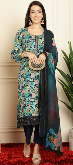 Blue color Salwar Kameez in Muslin fabric with Digital Print, Embroidered, Floral work