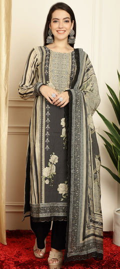 Black and Grey color Salwar Kameez in Pashmina fabric with Digital Print, Embroidered, Floral work