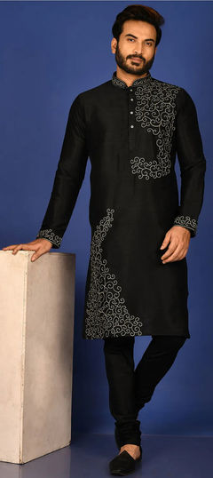 Black and Grey color Kurta Pyjamas in Art Silk fabric with Thread, Zari work