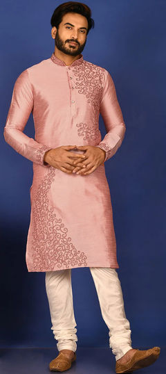 Pink and Majenta color Kurta Pyjamas in Art Silk fabric with Thread, Zari work