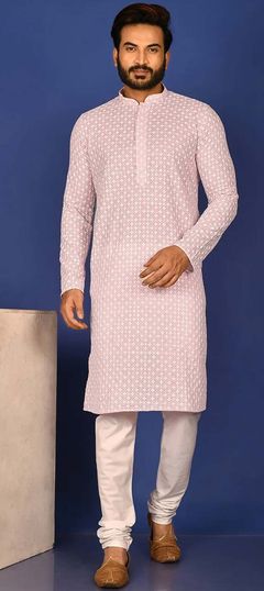 Pink and Majenta color Kurta Pyjamas in Cotton fabric with Embroidered, Resham, Thread work