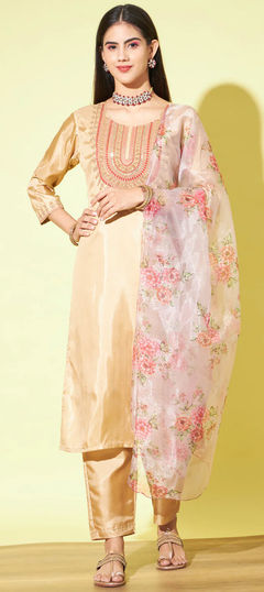 Beige and Brown color Salwar Kameez in Blended fabric with Embroidered, Sequence, Thread work