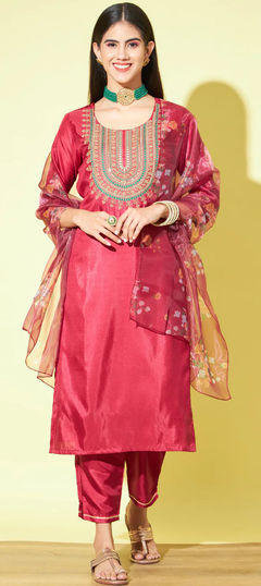 Red and Maroon color Salwar Kameez in Blended fabric with Embroidered, Sequence, Thread work