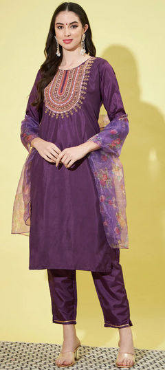 Purple and Violet color Salwar Kameez in Blended fabric with Embroidered, Sequence, Thread work