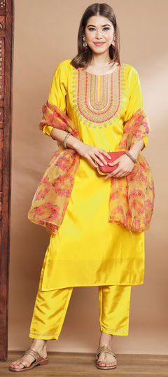 Yellow color Salwar Kameez in Blended fabric with Embroidered, Sequence, Thread work