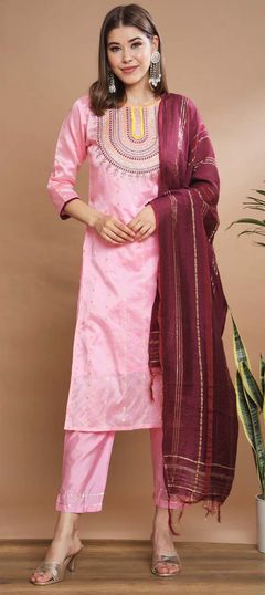 Pink and Majenta color Salwar Kameez in Blended fabric with Embroidered, Thread, Zari work