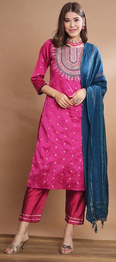 Pink and Majenta color Salwar Kameez in Blended fabric with Embroidered, Thread, Zari work