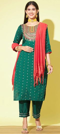 Green color Salwar Kameez in Blended fabric with Embroidered, Thread, Zari work