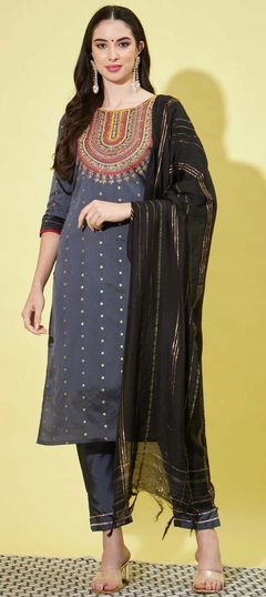 Black and Grey color Salwar Kameez in Blended fabric with Weaving work