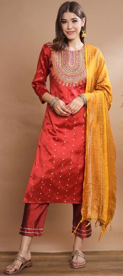 Red and Maroon color Salwar Kameez in Blended fabric with Embroidered, Thread, Zari work