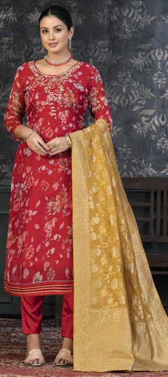 Red and Maroon color Salwar Kameez in Organza Silk fabric with Bugle Beads, Floral, Printed, Sequence work