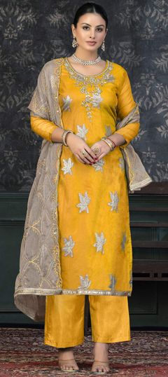 Yellow color Salwar Kameez in Organza Silk fabric with Bugle Beads, Sequence, Thread work