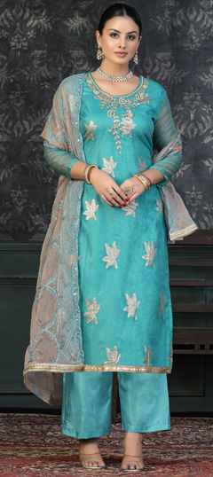 Blue color Salwar Kameez in Organza Silk fabric with Bugle Beads, Sequence, Thread work