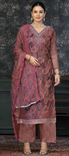 Beige and Brown color Salwar Kameez in Organza Silk fabric with Bugle Beads, Sequence, Thread work