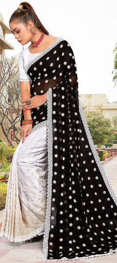 Black and Grey, White and Off White color Saree in Georgette fabric with Embroidered, Resham, Thread work