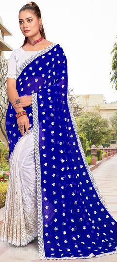 Blue, White and Off White color Saree in Georgette fabric with Embroidered, Resham, Thread work