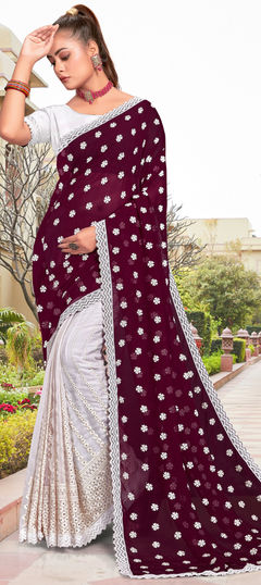 Purple and Violet, White and Off White color Saree in Georgette fabric with Embroidered, Resham, Thread work