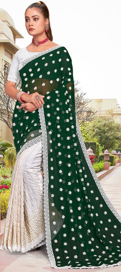 Green, White and Off White color Saree in Georgette fabric with Embroidered, Resham, Thread work