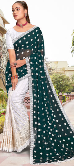 Blue, White and Off White color Saree in Georgette fabric with Embroidered, Resham, Thread work