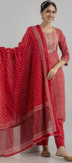 Casual, Party Wear Red and Maroon color Salwar Kameez in Rayon fabric with Straight Digital Print, Embroidered, Resham, Thread work : 1906060